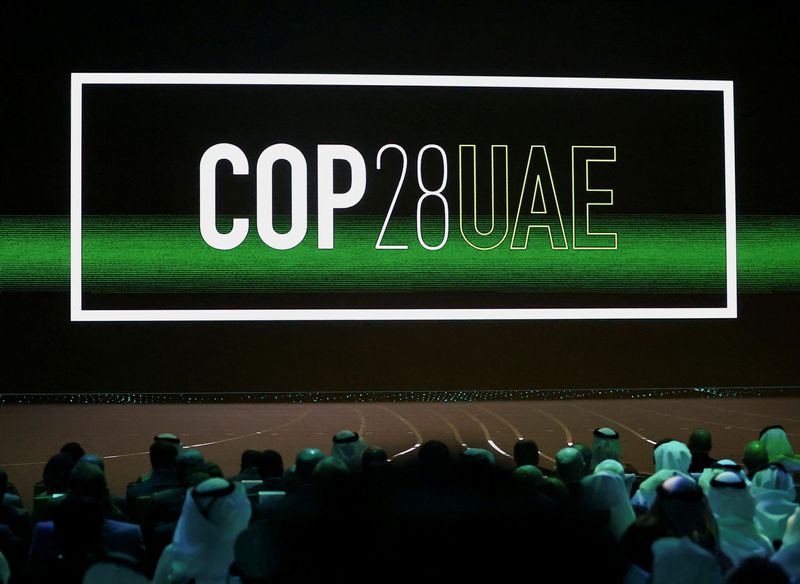 &copy; Reuters. شعار كوب28 يُعرض على شاشة خلال حفل افتتاح اسبوع أبو ظبي للاستدامة في أبو ظبي يوم 16 يناير كانون الثاني 2023. تصوير: رولا روحانا - رويترز.