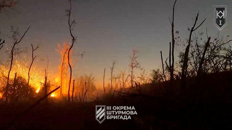 &copy; Reuters. FILE PHOTO: A view shows an explosion, given as near Bakhmut, Donetsk Region, Ukraine, in this screengrab obtained from a video released September 2, 2023. 3rd Assault Brigade/Ukrainian Armed Forces Press Service/ via REUTERS/File Photo