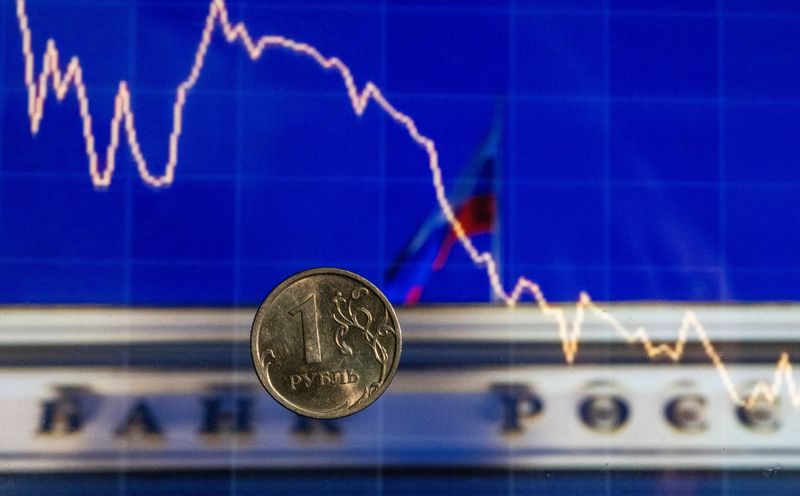 © Reuters. FILE PHOTO: A view shows a Russian one rouble coin in front of a screen displaying Russia's Central Bank headquarters in this illustration picture taken August 22, 2023. REUTERS/Maxim Shemetov/Illustration/File Photo