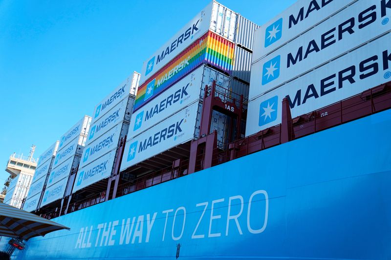 © Reuters. Containers are seen on the world's first methanol-enabled container vessel before the name-giving ceremony of the world's first methanol-enabled container vessel which will be named 