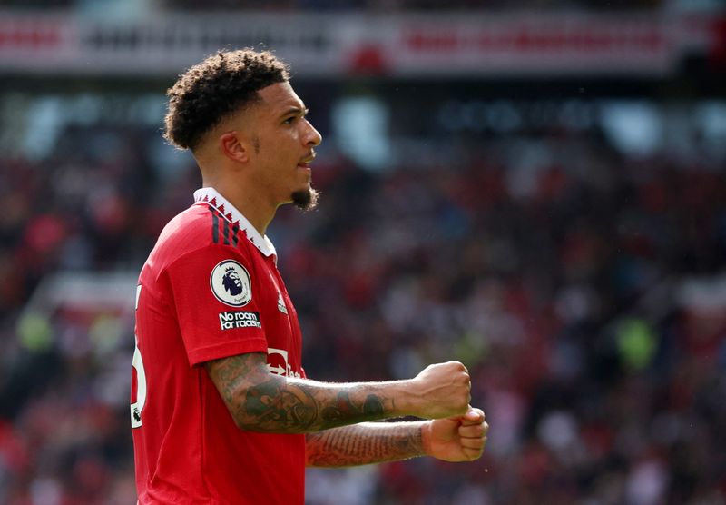 &copy; Reuters. FILE PHOTO-Soccer Football - Premier League - Manchester United v Fulham - Old Trafford, Manchester, Britain - May 28, 2023 Manchester United's Jadon Sancho celebrates scoring their first goal REUTERS/Phil Noble/File Photo