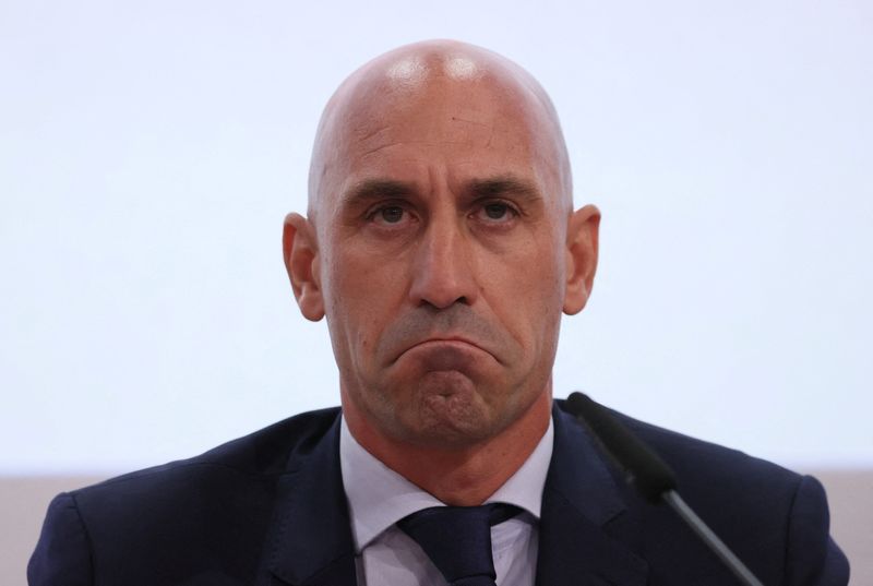 &copy; Reuters. FILE PHOTO: Soccer Football - 2030 World Cup bid - Portugal, Spain and Ukraine Press Conference - UEFA headquarters, Nyon, Switzerland - October 5, 2022 Spanish football Federation president Luis Rubiales during the press conference REUTERS/Denis Balibous
