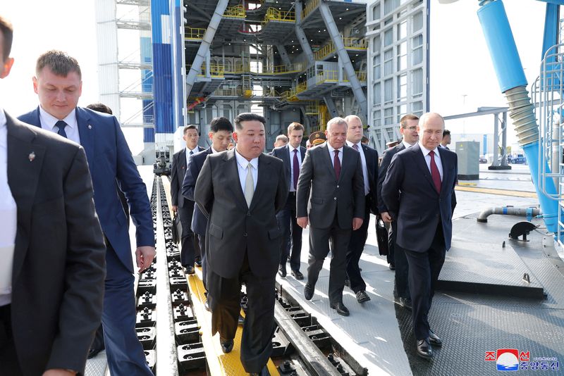 &copy; Reuters. North Korean leader Kim Jong Un meets Russia's President Vladimir Putin at the Vostochny Cosmodrome in the Amur Oblast of the Far East Region, Russia, September 13, 2023 in this image released by North Korea's Korean Central News Agency.   KCNA via REUTER