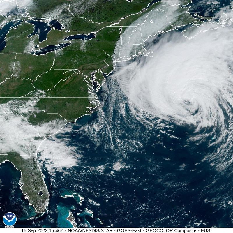 © Reuters. A composite image shows Hurricane Lee churning towards New England and Eastern Canada, September 15, 2023. National Oceanic and Atmospheric Administration (NOAA)/Handout REUTERS