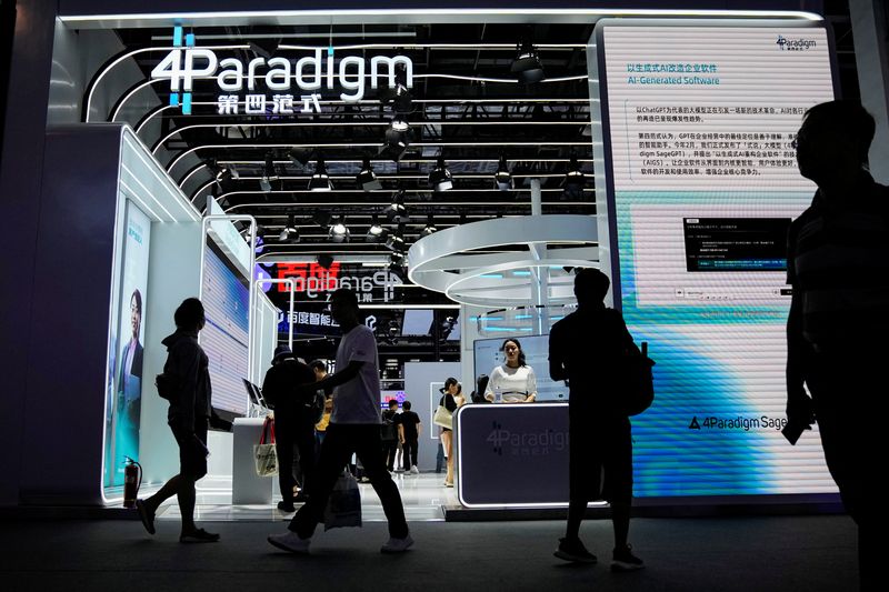 &copy; Reuters. Fourth Paradigm (also known as 4Paradigm) sign is seen at the World Artificial Intelligence Conference (WAIC) in Shanghai, China July 6, 2023. REUTERS/Aly Song/File Photo