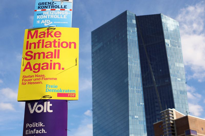 &copy; Reuters. A view shows the placards of the political parties in front of the European Central Bank (ECB) building in Frankfurt, Germany, September 14, 2023. REUTERS/Wolfgang Rattay