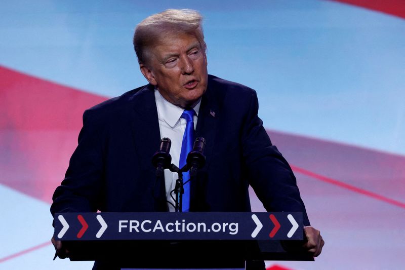 &copy; Reuters. FILE PHOTO: Former U.S. President and Republican presidential candidate Donald Trump addresses the Pray Vote Stand Summit, organized by the Family Research Council in Washington, U.S. September 15, 2023.  REUTERS/Jonathan Ernst/File Photo