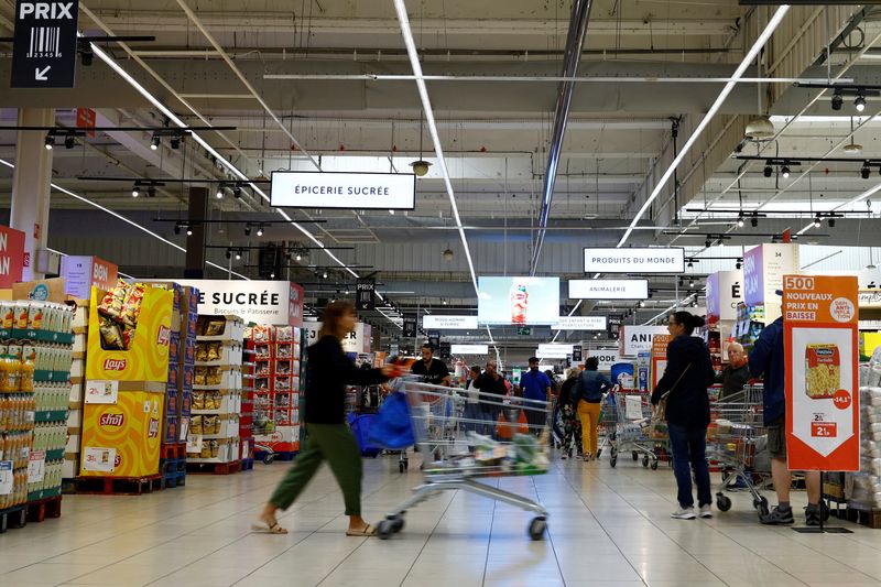 &copy; Reuters. FILE PHOTO: A customer pushes a shopping trolley as she shops in a Carrefour supermarket in Montesson near Paris, France, September 13, 2023. REUTERS/Sarah Meyssonnier