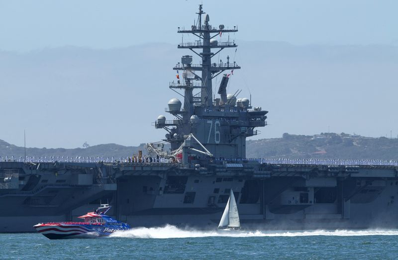 &copy; Reuters. FILE PHOTO: A speed boat and a sail boat pass as the USS Ronald Reagan, a Nimitz-class nuclear-powered super carrier, departs for Yokosuka, Japan from Naval Station North Island in San Diego, California  August 31, 2015. REUTERS/Mike Blake/File Photo