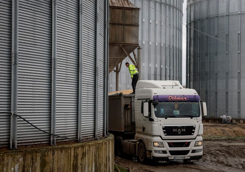 &copy; Reuters. FILE PHOTO: A truck with corn is seen at a grain storage facility in the village of Bilohiria, Khmelnytskyi region, Ukraine April 19, 2023. REUTERS/Gleb Garanich/File Photo