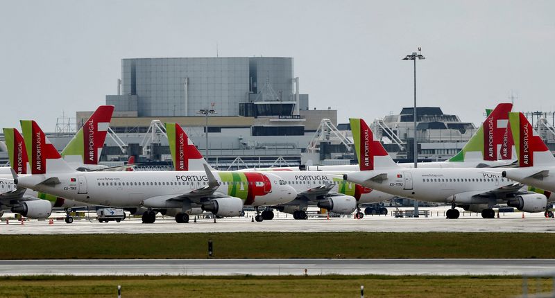 &copy; Reuters. FILE PHOTO: TAP planes are seen at Lisbon's airport  during partial lockdown as part of state of emergency to combat the coronavirus disease (COVID-19) outbreak in Lisbon, Portugal April 1, 2020.  REUTERS/Rafael Marchante/File Photo