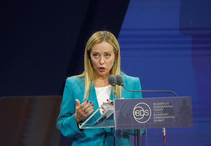 &copy; Reuters. Italian Prime Minister Giorgia Meloni speaks during the Budapest Demographic Summit in Budapest, Hungary, September 14, 2023. REUTERS/Bernadett Szabo