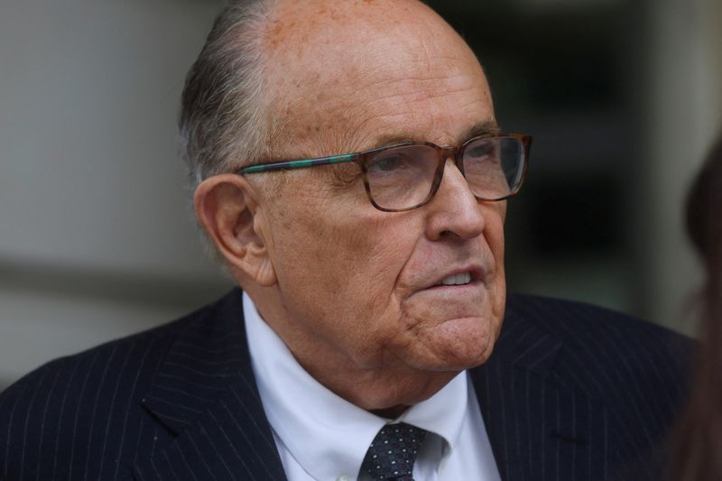 &copy; Reuters. FILE PHOTO: Former New York City Mayor Rudy Giuliani, an attorney for former U.S. President Donald Trump during challenges to the 2020 election results, exits U.S. District Court after attending a hearing in a defamation suit related to the 2020 election 