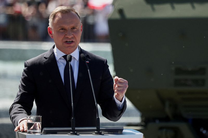 &copy; Reuters. FILE PHOTO: Polish President Andrzej Duda speaks as he attends the military parade on Armed Forces Day, celebrated annually on August 15 to commemorate Poland's victory over the Soviet Union's Red Army in 1920, in Warsaw, Poland, August 15, 2023. REUTERS/
