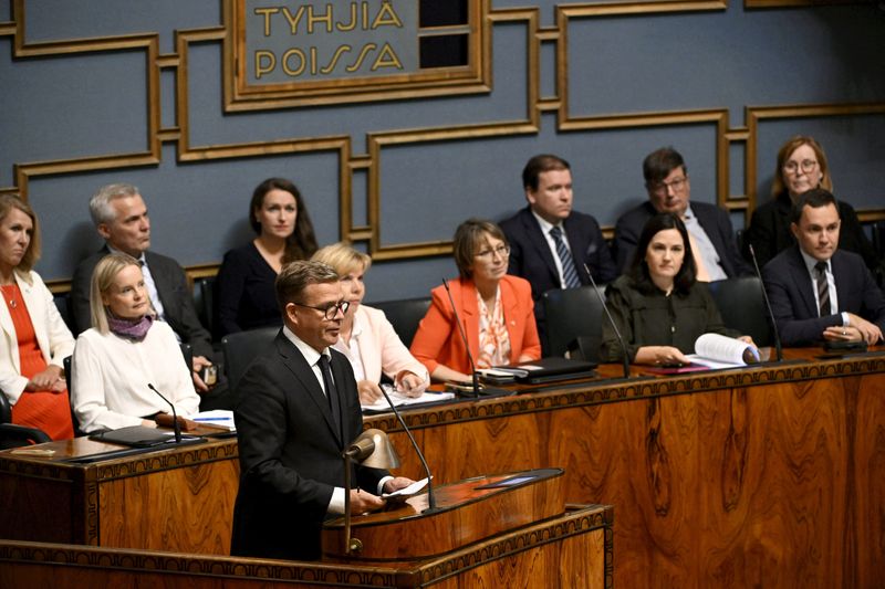 &copy; Reuters. Finnish Prime Minister Petteri Orpo speaks during the session of the Finnish Parliament in Helsinki, Finland on Wednesday, 6th Sep., 2023. Finnish parliament debated of government's anti-racism policy.  Lehtikuva/via REUTERS/File photo