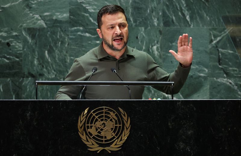 &copy; Reuters. Ukraine's President Volodymyr Zelenskiy addresses the 78th Session of the U.N. General Assembly in New York City, U.S., September 19, 2023.  REUTERS/Mike Segar