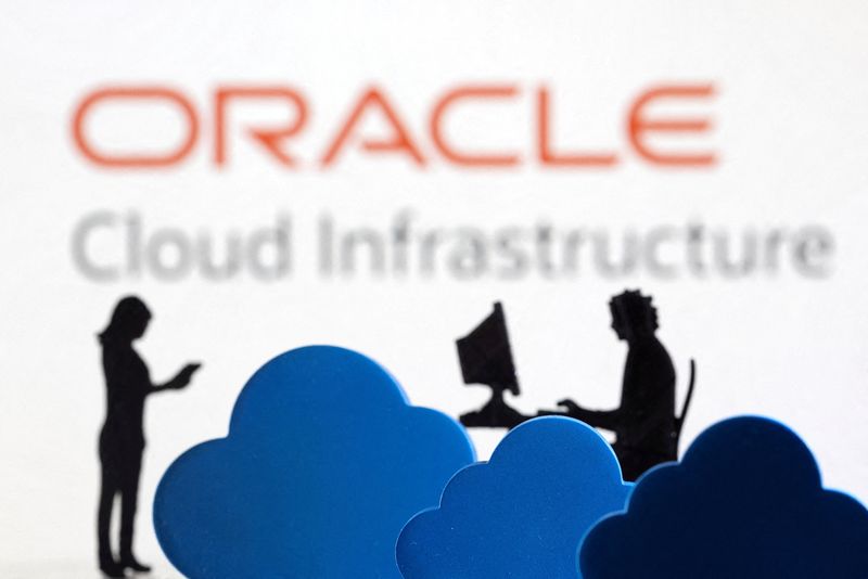 © Reuters. FILE PHOTO: 3D printed clouds and figurines are seen in front of the Oracle cloud service logo in this illustration taken February 8, 2022. REUTERS/Dado Ruvic/Illustration/File Photo