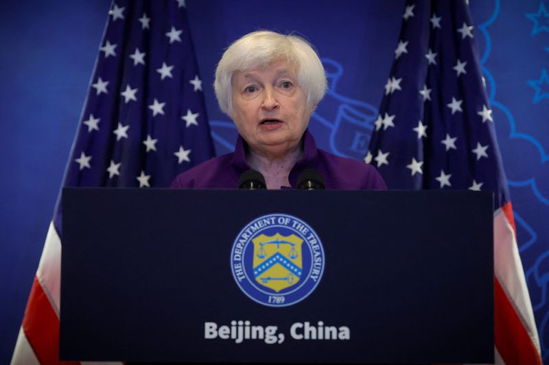 &copy; Reuters. FILE PHOTO: U.S. Treasury Secretary Janet Yellen speaks during a press conference at the U.S. embassy in Beijing, China, July 9, 2023. REUTERS/Thomas Peter/File Photo