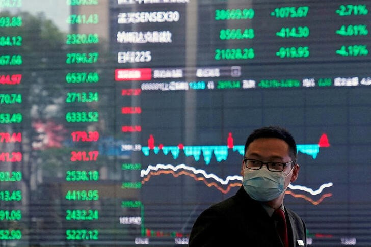 &copy; Reuters. Imagen de archivo de una persona mirando unas pantallas con cotizaciones en la Bolsa de Shanghái, China. 28 febrero 2020. REUTERS/Aly Song
