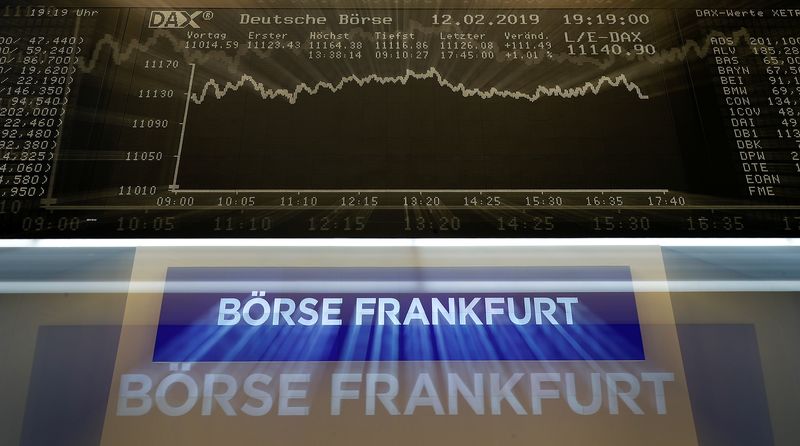 &copy; Reuters. FILE PHOTO: The German share price index (DAX) board is seen at the end of a trading day at the German stock exchange (Deutsche Boerse) in Frankfurt, Germany, February 12, 2019.  REUTERS/Kai Pfaffenbach/File Photo