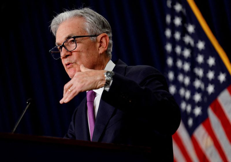 &copy; Reuters. FILE PHOTO: U.S. Federal Reserve Chairman Jerome Powell takes questions from reporters during a press conference after the release of the Fed policy decision to leave interest rates unchanged, at the Federal Reserve in Washington, U.S, September 20, 2023.
