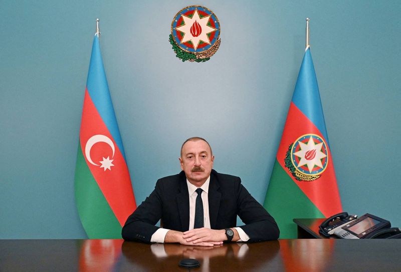 &copy; Reuters. إلهام علييف رئيس أذربيجان يلقي خطابًا في باكو يوم الأربعاء. صورة لرويترز من  الخدمة الصحفية للرئيس الأذربيجاني إلهام علييف. يحظر إعادة بيع ا