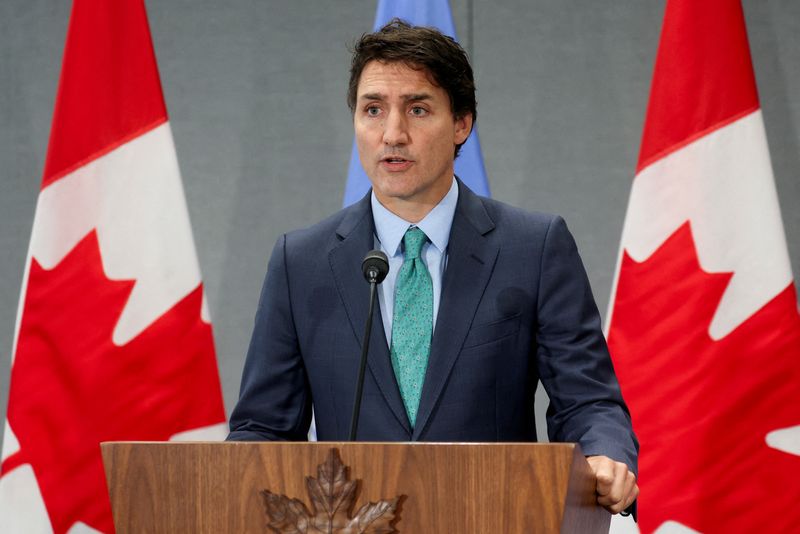 © Reuters. Canadian Prime Minister Justin Trudeau holds a press conference on the sidelines of the UNGA in New York, U.S., September 21, 2023 as tensions escalate following Canada's announcement that it was 