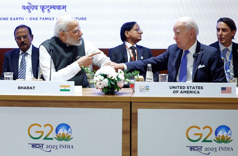 &copy; Reuters. U.S. President Joe Biden and Indian Prime Minister Narendra Modi attend Partnership for Global Infrastructure and Investment event on the day of the G20 summit in New Delhi, India, September 9, 2023. REUTERS/Evelyn Hockstein/Pool/File Photo