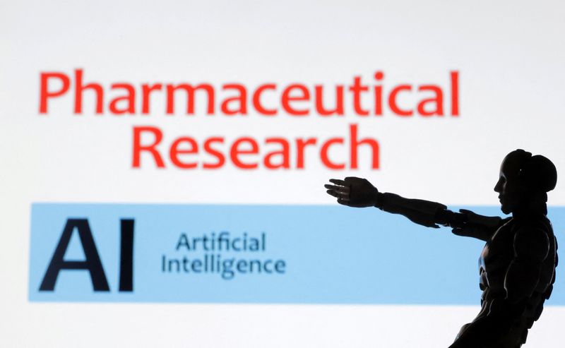 &copy; Reuters. FILE PHOTO-A robot miniature and words 'Pharmaceutical Research - AI Artificial Inteligence' are seen in this illustration taken, July 17, 2023. REUTERS/Dado Ruvic/Illustration/File Photo