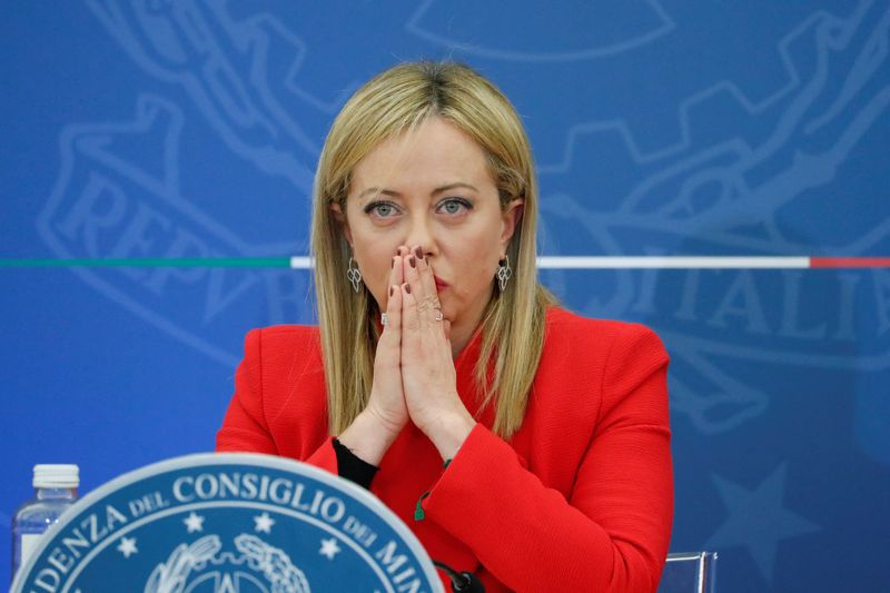 &copy; Reuters. FILE PHOTO: Italian Prime Minister Giorgia Meloni reacts at a news conference for her government's first budget in Rome, Italy November 22, 2022. REUTERS/Remo Casilli/File Photo