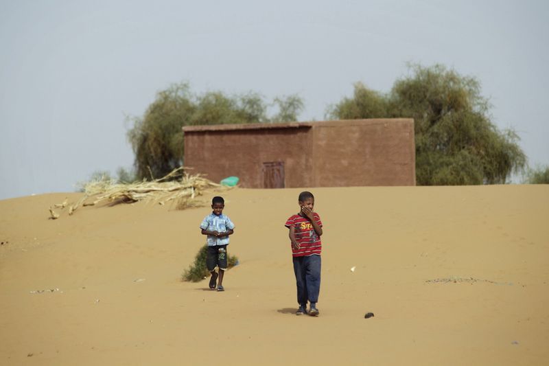 © Reuters. Boys walk on desert sands in the town of Moghtar-Lajjar May 25 2012. Civil unrest and a drought in west Africa's Sahel region have put 15 million people in food insecurity, according to the United Nations. REUTERS/Joe Penney/File Photo