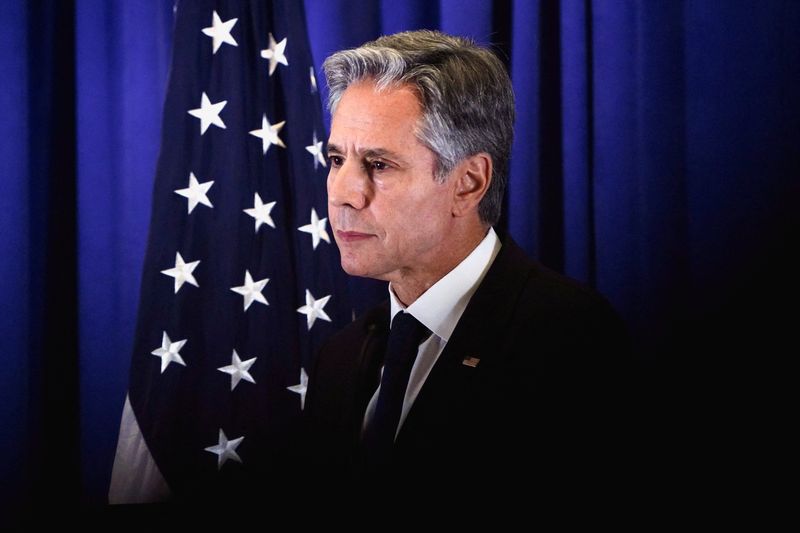 &copy; Reuters. U.S. Secretary of State Antony Blinken looks on, as he addresses members of the press on the sidelines of the 78th United Nations General Assembly at the Lotte Palace Hotel in New York City, U.S., September 22, 2023.  REUTERS/Bing Guan