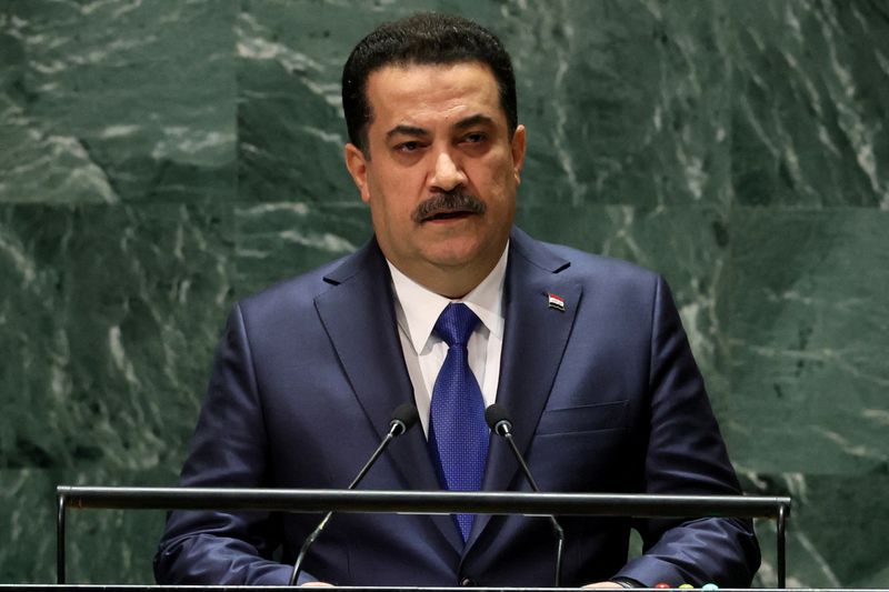 © Reuters. رئيس الوزراء العراقي محمد شياع السوداني يلقي كلمة أمام الجمعية العامة للامم المتحدة في نيويورك يوم 22 سبتمبر أيلول 2023. تصوير: برندان ماكدرميد - رويترز