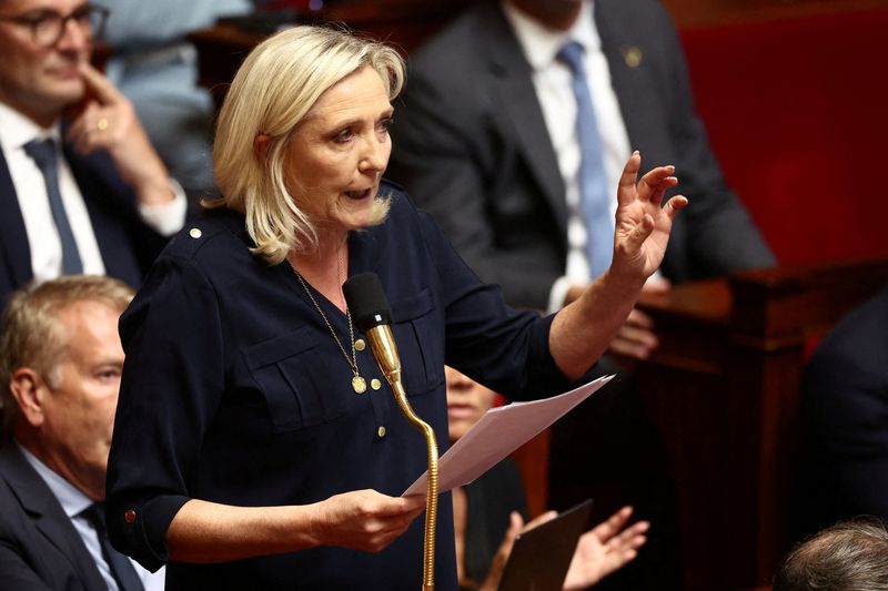 &copy; Reuters. FILE PHOTO: Marine Le Pen, member of parliament and president of the French far-right National Rally (Rassemblement National - RN) party parliamentary group, speaks during the questions to the government session at the National Assembly in Paris, France, 
