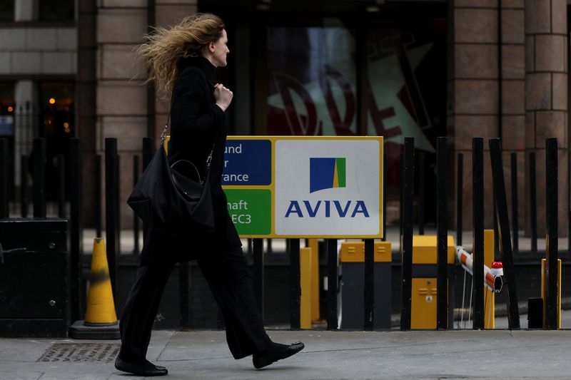 &copy; Reuters. FILE PHOTO: A pedestrians walks past the Aviva logo outside the company head office in the city of London, Britain March 7, 2019. REUTERS/Simon Dawson/file photo