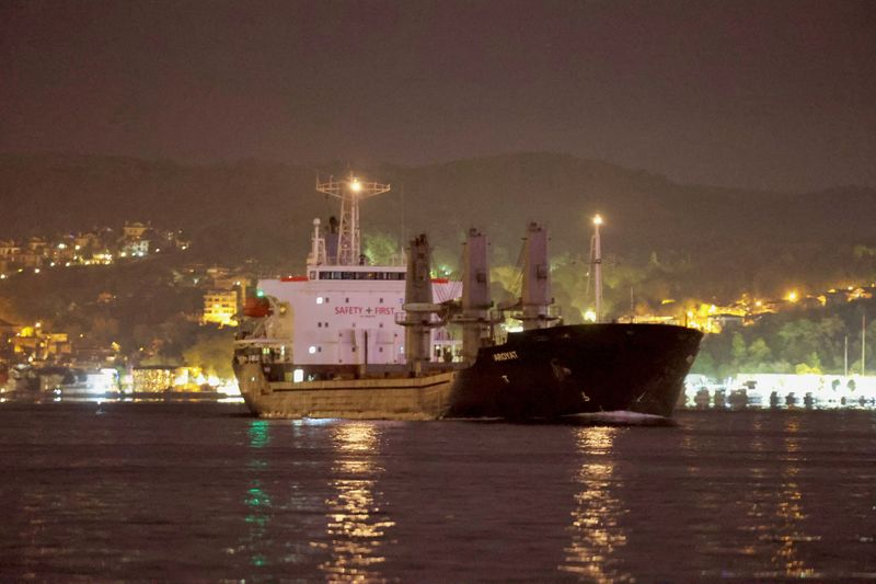 &copy; Reuters. Cargo ship Aroyat, carrying Ukraine grain, transits Bosphorus in Istanbul, Turkey September 24, 2023. REUTERS/Yoruk Isik
