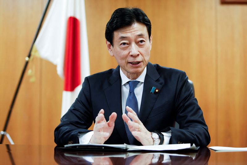 &copy; Reuters. Nishimura Yasutoshi, Minister of Economy, Trade and Industry (METI), talks during an interview with Reuters in Tokyo, Japan, April 5, 2023. REUTERS/Androniki Christodoulou/File photo