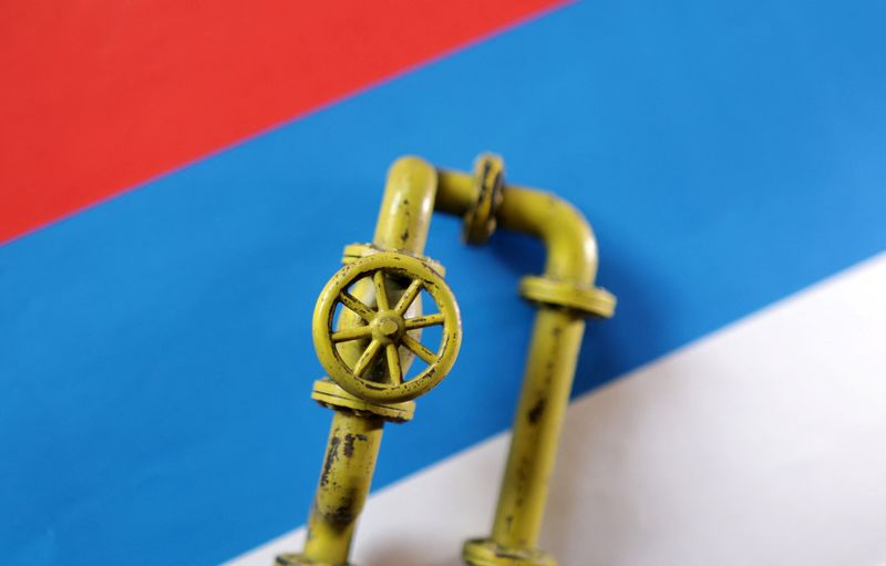 &copy; Reuters. FOTO DE ARCHIVO. Imagen de ilustración de una maqueta de un gasoducto de gas natural sobre una bandera rusa. 7 de septiembre de 2022. REUTERS/Dado Ruvic