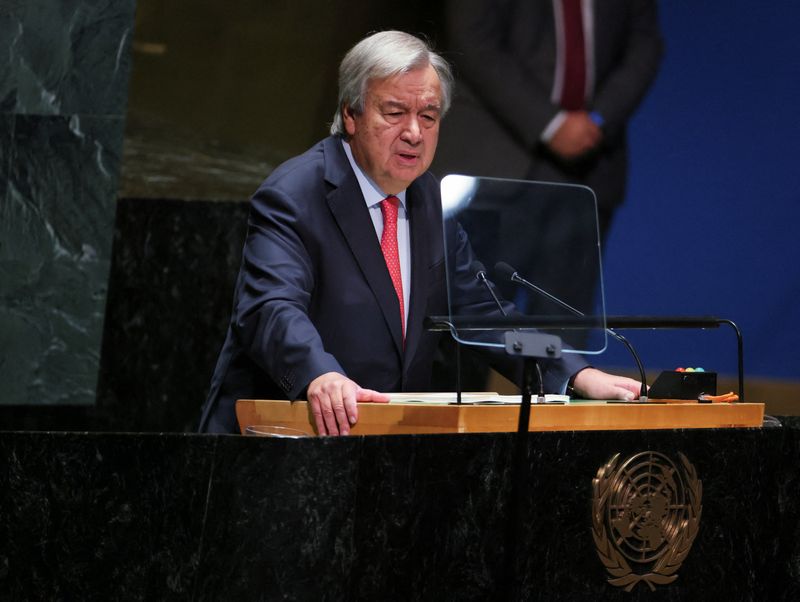 &copy; Reuters. الأمين العام للأمم المتحدة أنطونيو جوتيريش خلال الدورة الثامنة والسبعين للجمعية العامة للأمم المتحدة في نيويورك يوم 19 سبتمبر أيلول 2023. تصو