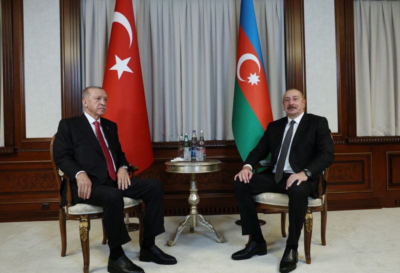 © Reuters. الرئيس التركي رجب طيب أردوغان خلال اجتماع مع الرئيس الأذربيجاني إلهام علييف في ناختشيفان بأذربيجان يوم الاثنين. صورة لرويترز. يحظر إعادة بيع أو الاحتفاظ بالصورة في الأرشيف.