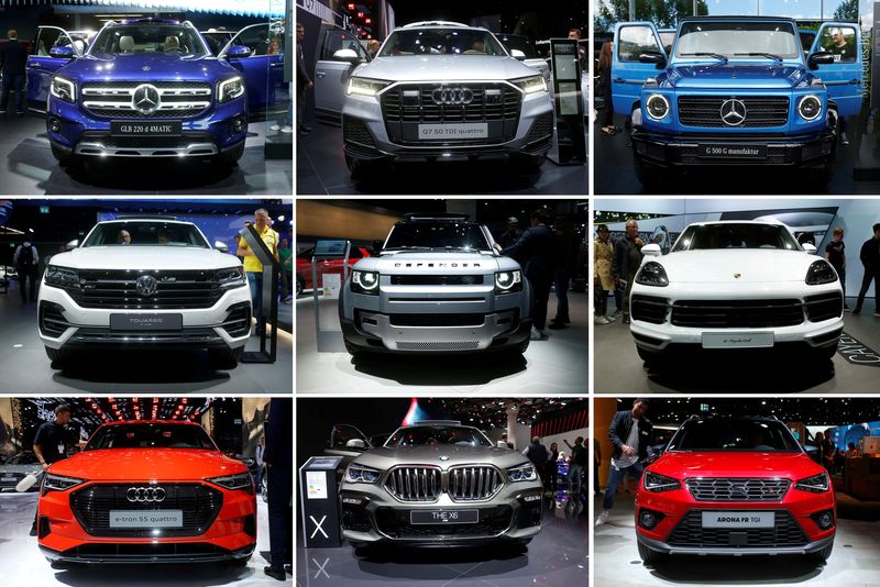&copy; Reuters. FILE PHOTO: A combination of 9 pictures shows SUV cars on display, (top row L-R) Mercedes-Benz GLB 220d 4MATIC, Audi Q7 TDI quattro and Mercedes-Benz G 500 manufaktur, (mid row L-R) Volkswagen Touareg, Land Rover Defender 110 and Porsche Cayenne e-hybrid,