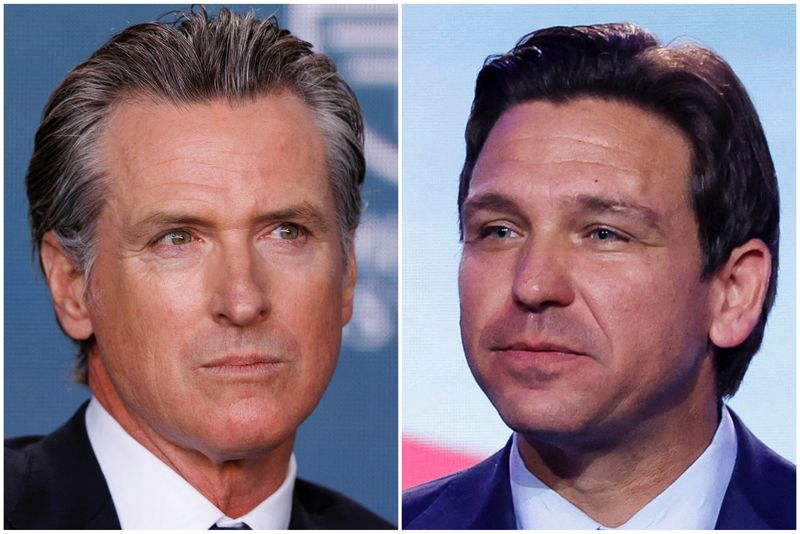 © Reuters. FILE PHOTO: A combination picture shows Gavin Newsom, Governor, State of California speaks at the 2023 Milken Institute Global Conference in Beverly Hills, California, U.S., May 2, 2023 and Florida Governor and Republican presidential candidate Ron DeSantis addresses the Pray Vote Stand Summit, organized by the Family Research Council in Washington, U.S. September 15, 2023. REUTERS/Mike Blake/Jonathan Ernst/File Photo
