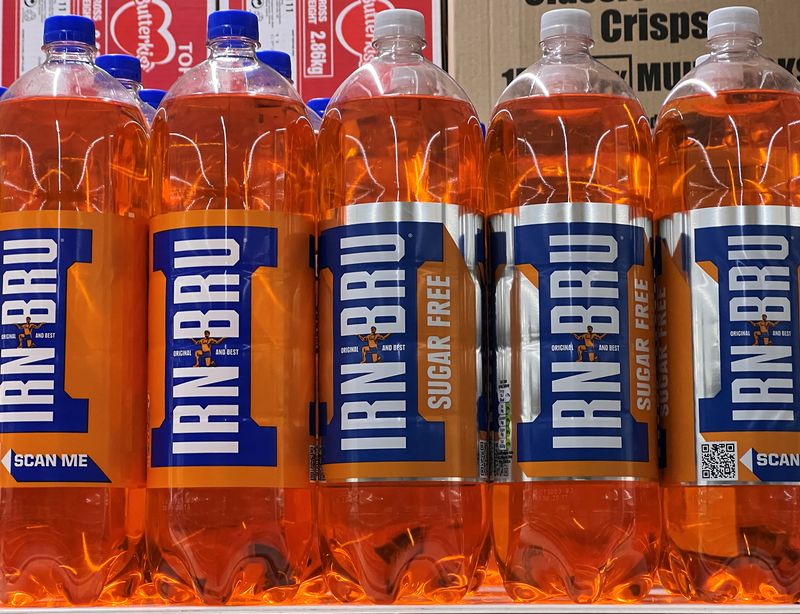 &copy; Reuters. FILE PHOTO: Bottles of Irn-Bru drink, produced by drinks manufacturer A.G. Barr, are displayed in a supermarket in London, Britain, March 25, 2023. REUTERS/Toby Melville/file photo