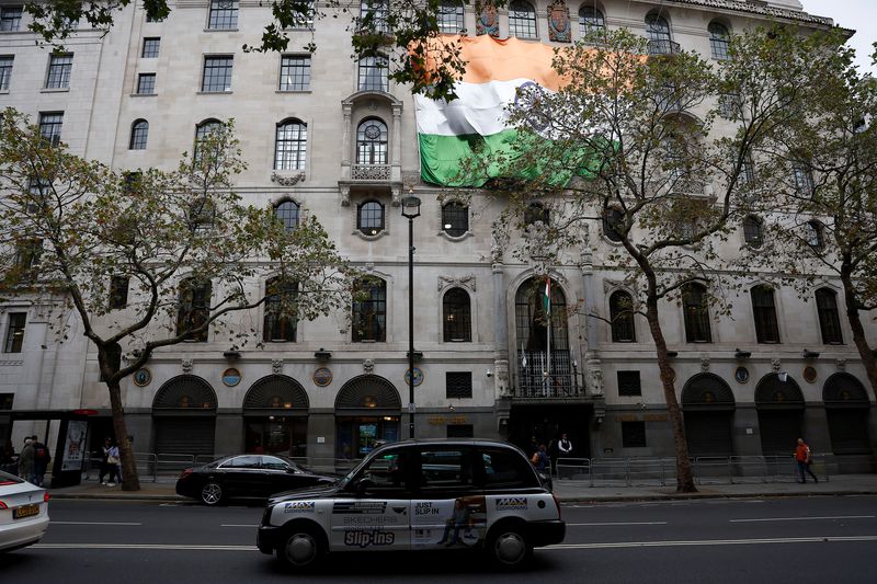 &copy; Reuters. FILE PHOTO: A large India national flag is attached to India House where the High Commission of India is located, in London, Britain, September 19 2023.  REUTERS/Peter Nicholls/File Photo