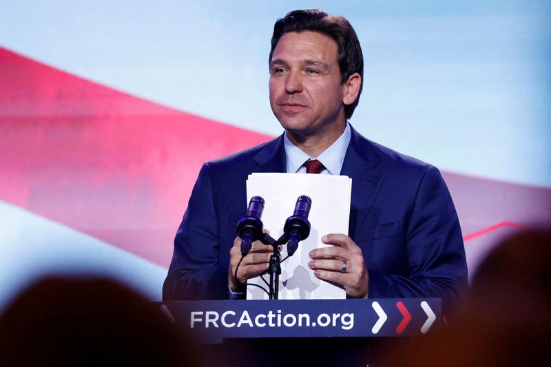 &copy; Reuters. FILE PHOTO: Florida Governor and Republican presidential candidate Ron DeSantis addresses the Pray Vote Stand Summit, organized by the Family Research Council in Washington, U.S. September 15, 2023.  REUTERS/Jonathan Ernst/File Photo