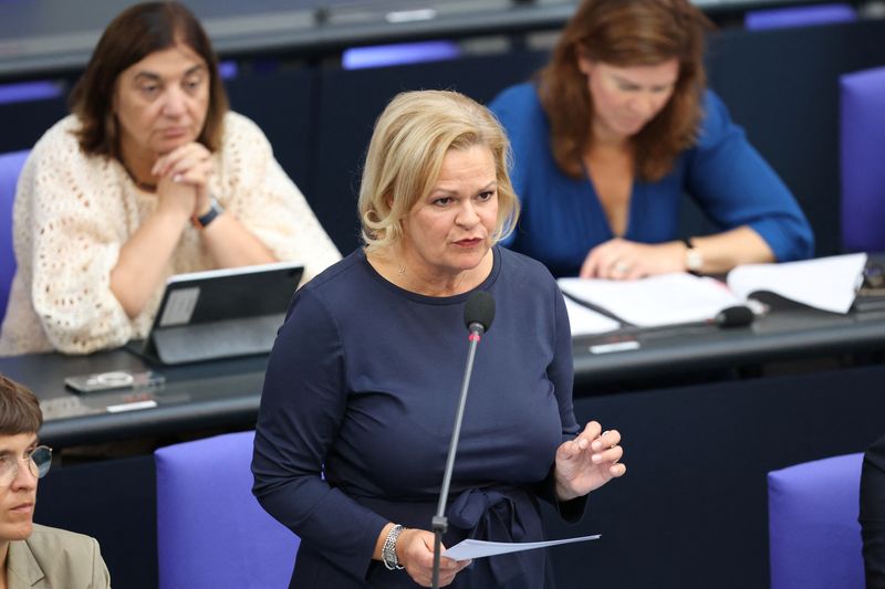 &copy; Reuters. FILE PHOTO-German Interior Minister Nancy Faeser attends a session of the lower house of parliament, Bundestag, at the Reichstag building, in Berlin, Germany September 20, 2023. REUTERS/Liesa Johannssen/File Photo