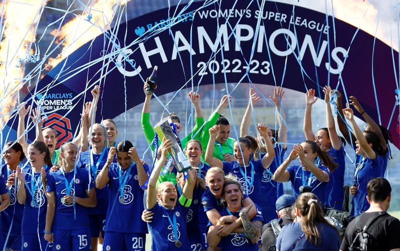 &copy; Reuters. FILE PHOTO: Soccer Football - Women's Super League - Reading v Chelsea - Madejski Stadium, Reading, Britain - May 27, 2023 Chelsea's Magdalena Eriksson celebrates with the trophy and teammates after winning the Women's Super League Action Images via Reute