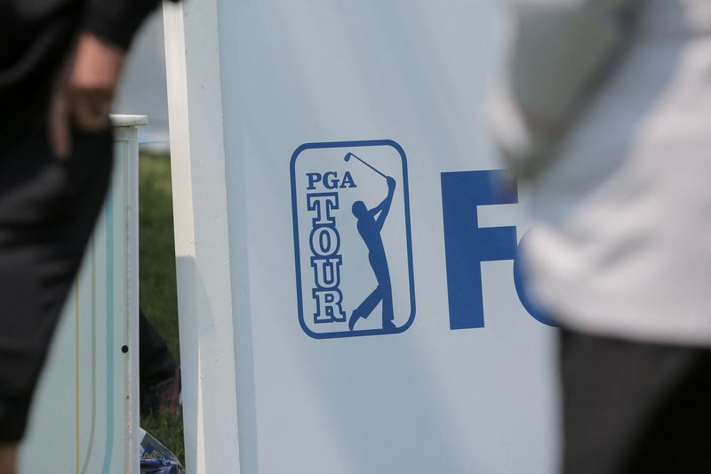 &copy; Reuters. FILE PHOTO: A view shows the logo of PGA Tour during the Canadian Open’s Championship Pro-Am after news was released of a new partnership between the PGA Tour and Saudi-backed LIV Golf circuit, at Oakdale Golf and Country Club in Toronto, Ontario, Canad