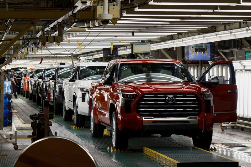 &copy; Reuters. FILE PHOTO: Tundra trucks and Sequoia SUVs exit the assembly line as finished products at Toyota's truck plant in San Antonio, Texas, U.S. April 17, 2023.  REUTERS/Jordan Vonderhaar/File Photo