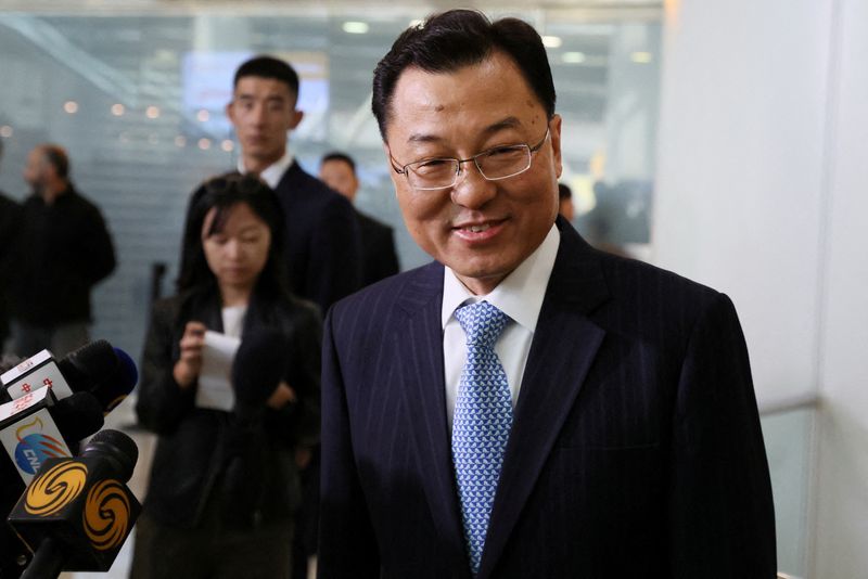 &copy; Reuters. FILE PHOTO-Xie Feng, China's new ambassador to the U.S., addresses the media as he arrives at JFK airport in New York City, U.S., May 23, 2023. REUTERS/Brendan McDermid/File Photo
